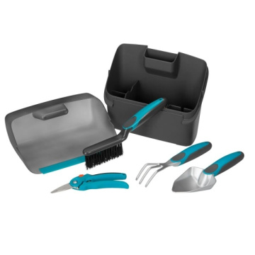 Фото Комплект садовых инструментов Gardena для балкона "Домашнее садоводство" (секатор, лопатка цветочная, мотыжка, щетка и совок, ящик для хранения)