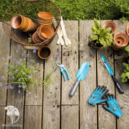 Комплект садовых инструментов Gardena базовый &quot;Домашнее садоводство&quot; (секатор, лопатка, совок для прополки, перчатки садовые)