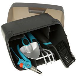 Комплект садовых инструментов Gardena для балкона "Домашнее садоводство" (секатор, лопатка цветочная, мотыжка, щетка и совок, ящик для хранения)